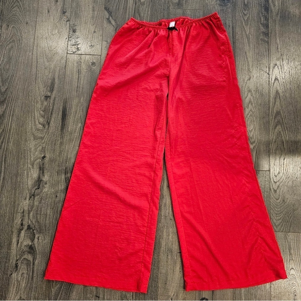 Womens Red Satin Wide‎ Leg Pajama Pants Elastic Waist Velvet Bow Medium